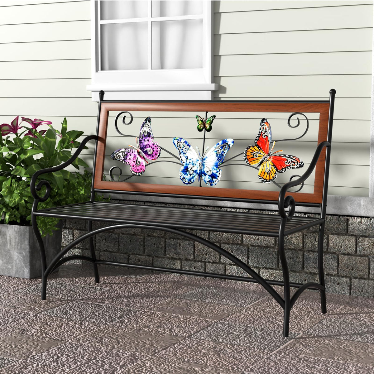 39.7" Black Metal Outdoor Bench with Armrest X391