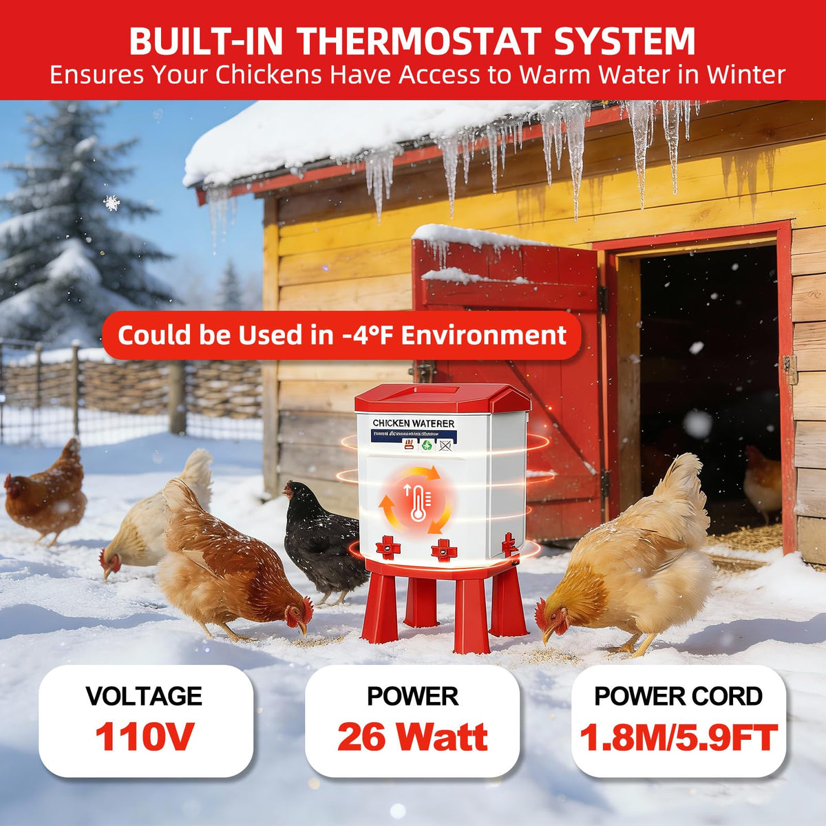 3-Gallon Heated Chicken Waterer with Heater and 4 Nipples G815936