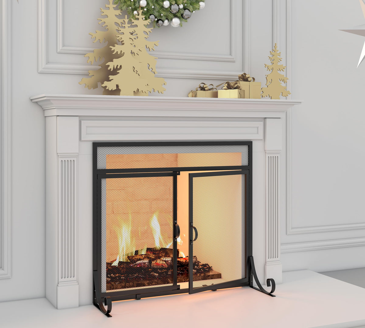 Heavy Duty Steel Mesh Fireplace Screen with Double Doors E6374