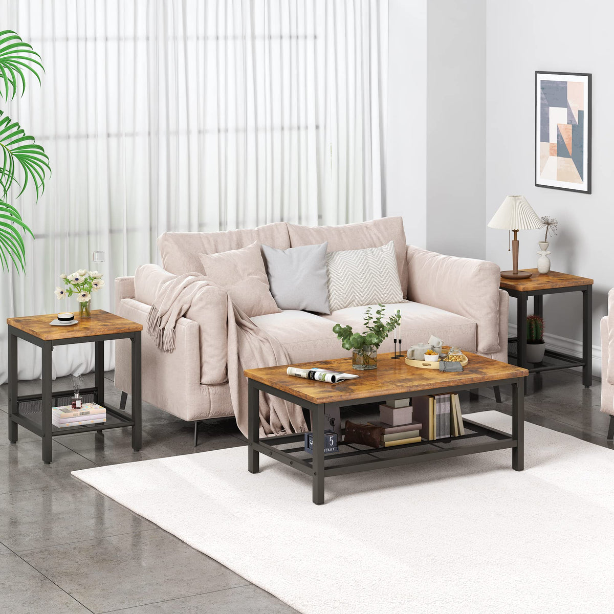 Brown Coffee Table Set of 3 with Metal Frame E21077