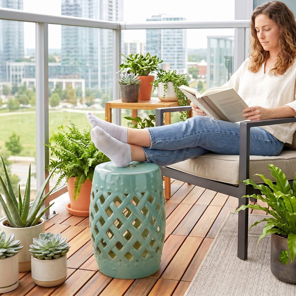 Ceramic Garden Stool Outdoor Stool Green E21059