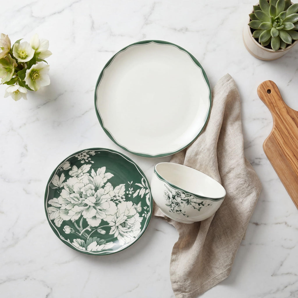 12-Piece Porcelain Dinnerware Set for 4, White & Sage Green Plates and Bowls Set S434