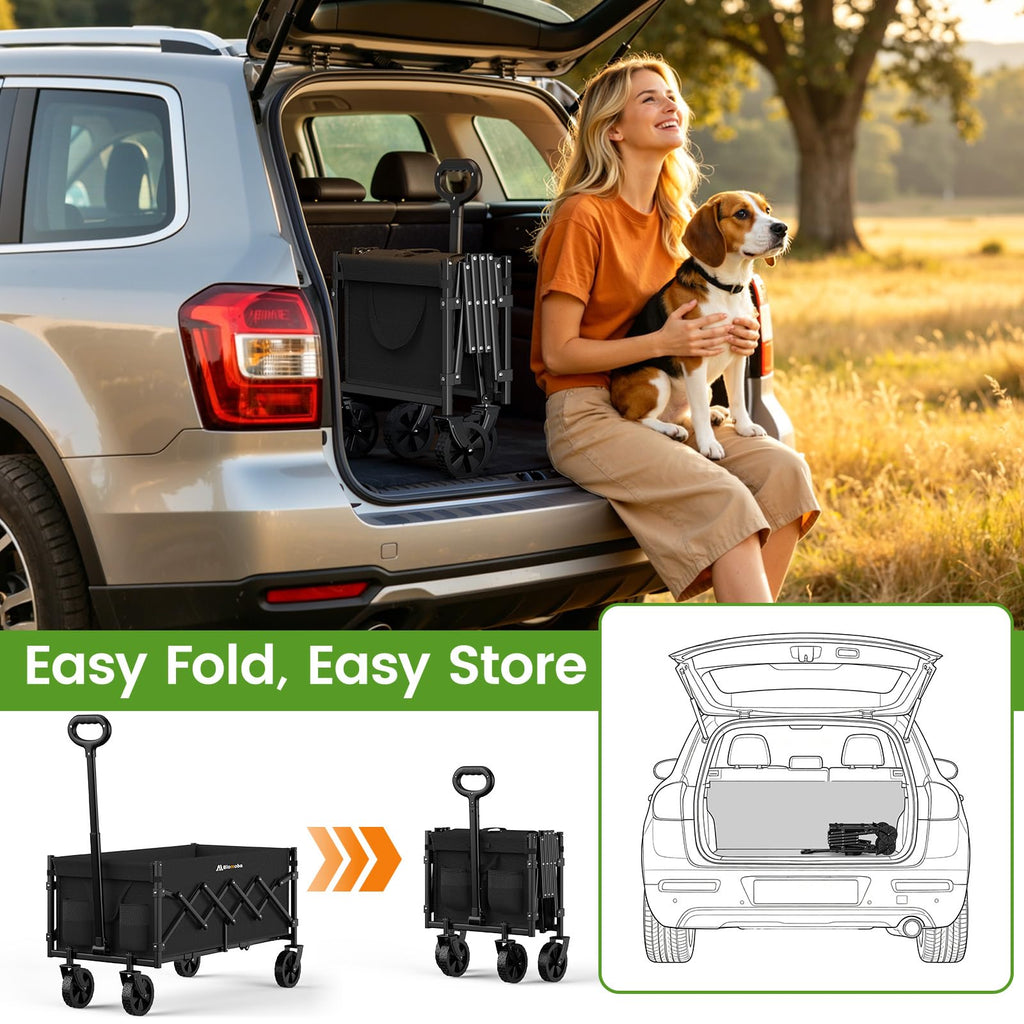 35" Extra Long Folding Wagon with Adjustable Handle & Wheels, Black D4175