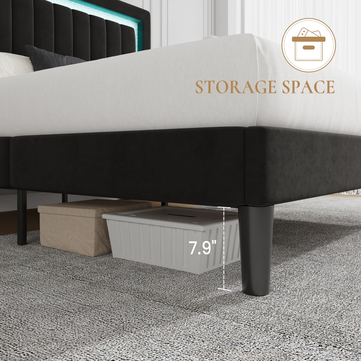 Queen Size Black Velvet Bed Frame with LED Light Z228