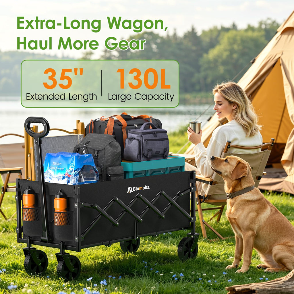 35" Extra Long Folding Wagon with Adjustable Handle & Wheels, Black D4175