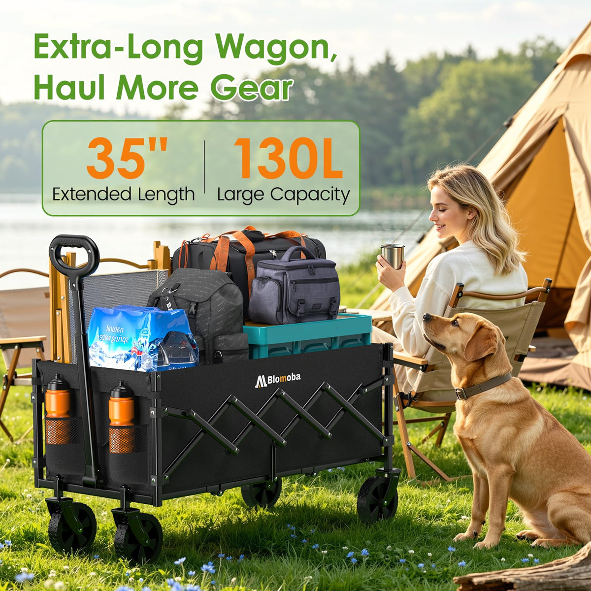 35" Extra Long Folding Wagon with Adjustable Handle & Wheels, Black D4175