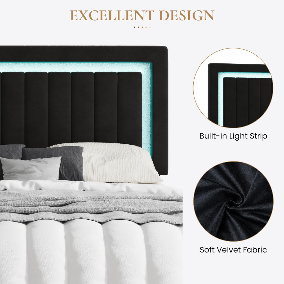 Queen Size Black Velvet Bed Frame with LED Light Z228
