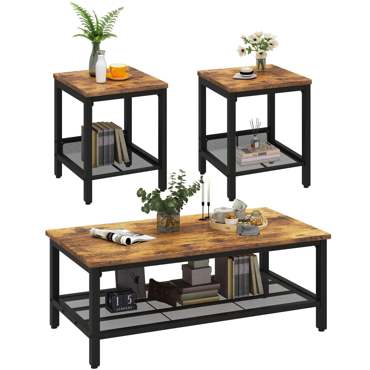 Brown Coffee Table Set of 3 with Metal Frame E21077