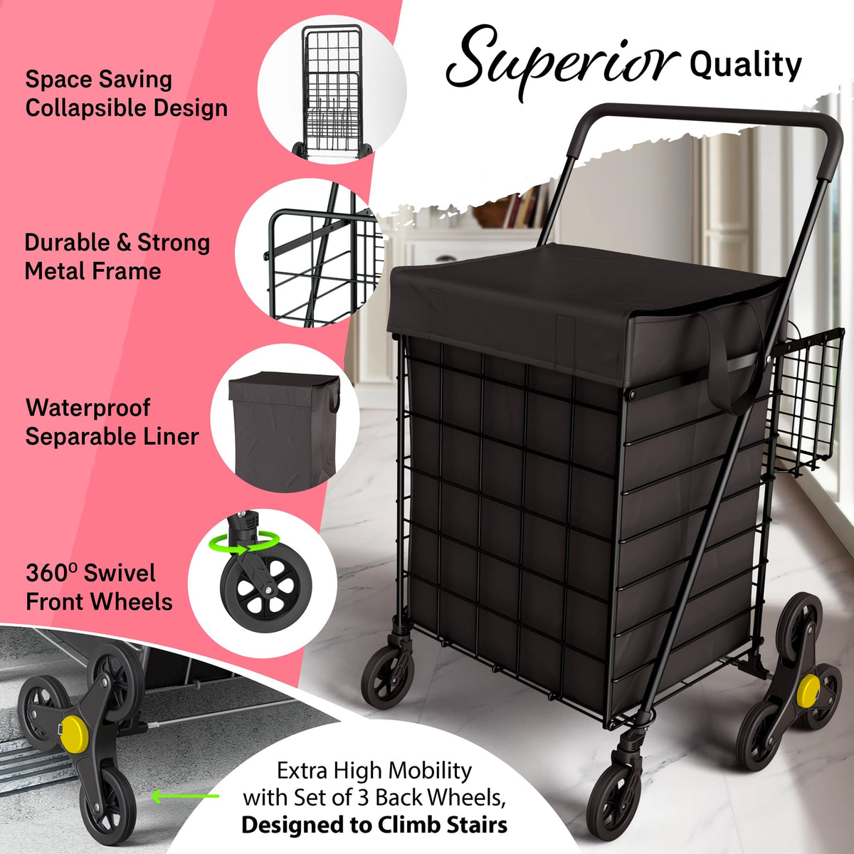 Foldable Lightweight Shopping Cart with Swivel Wheels & Basket Liner V2117