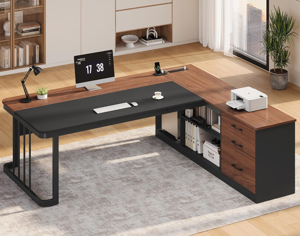 71" L Shaped Computer Desk with Drawers and Power Outlets G728964