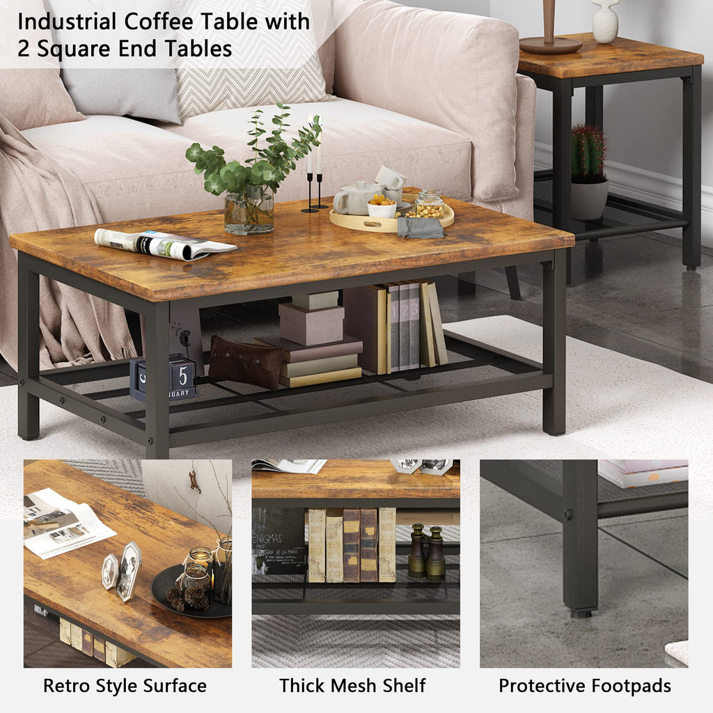 Brown Coffee Table Set of 3 with Metal Frame E21077