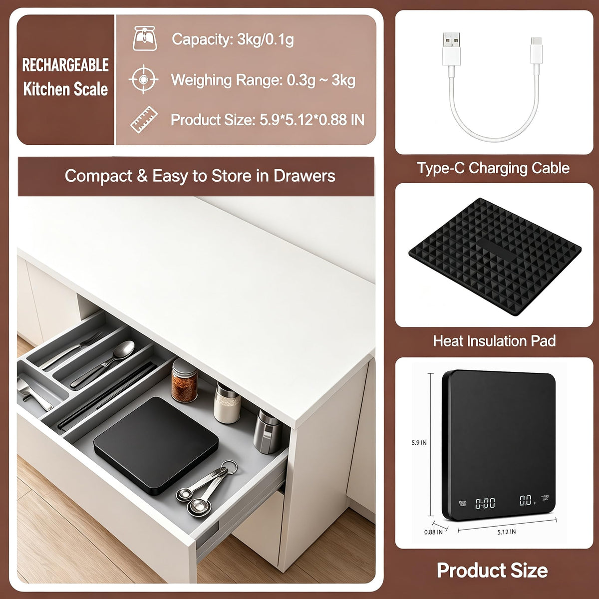 Rechargeable Digital Coffee Scale with Timer S571036