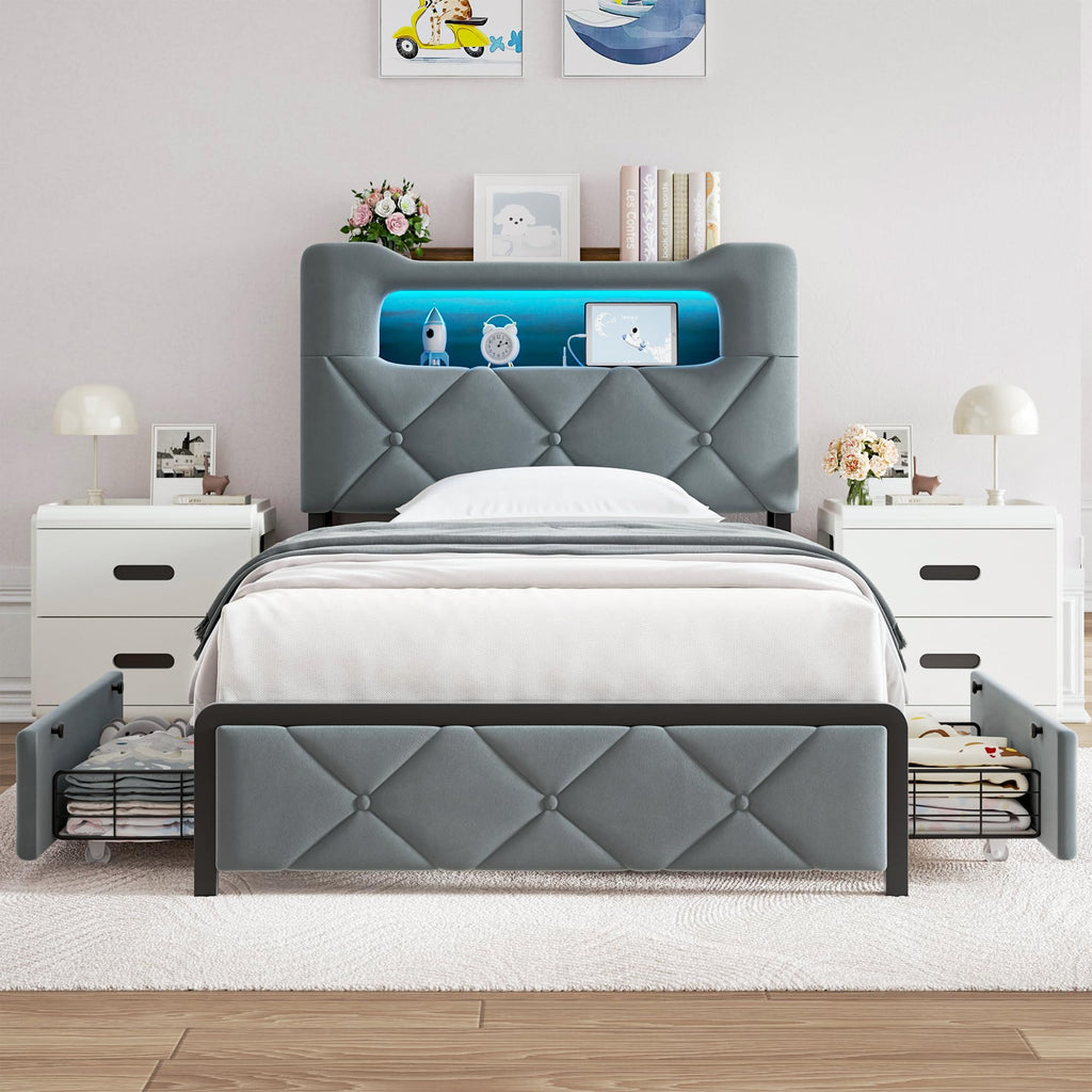Twin Upholstered Velvet Platform Bed Frame with 2 Storage Drawers K4332