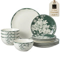 12-Piece Porcelain Dinnerware Set for 4, White & Sage Green Plates and Bowls Set S434