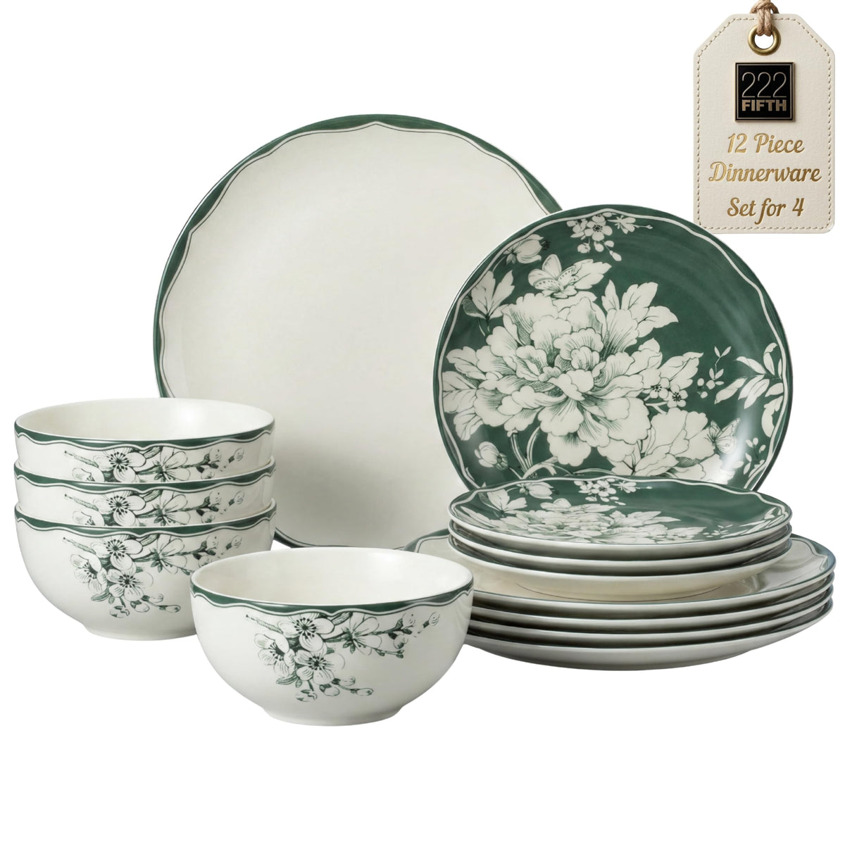 12-Piece Porcelain Dinnerware Set for 4, White & Sage Green Plates and Bowls Set S434