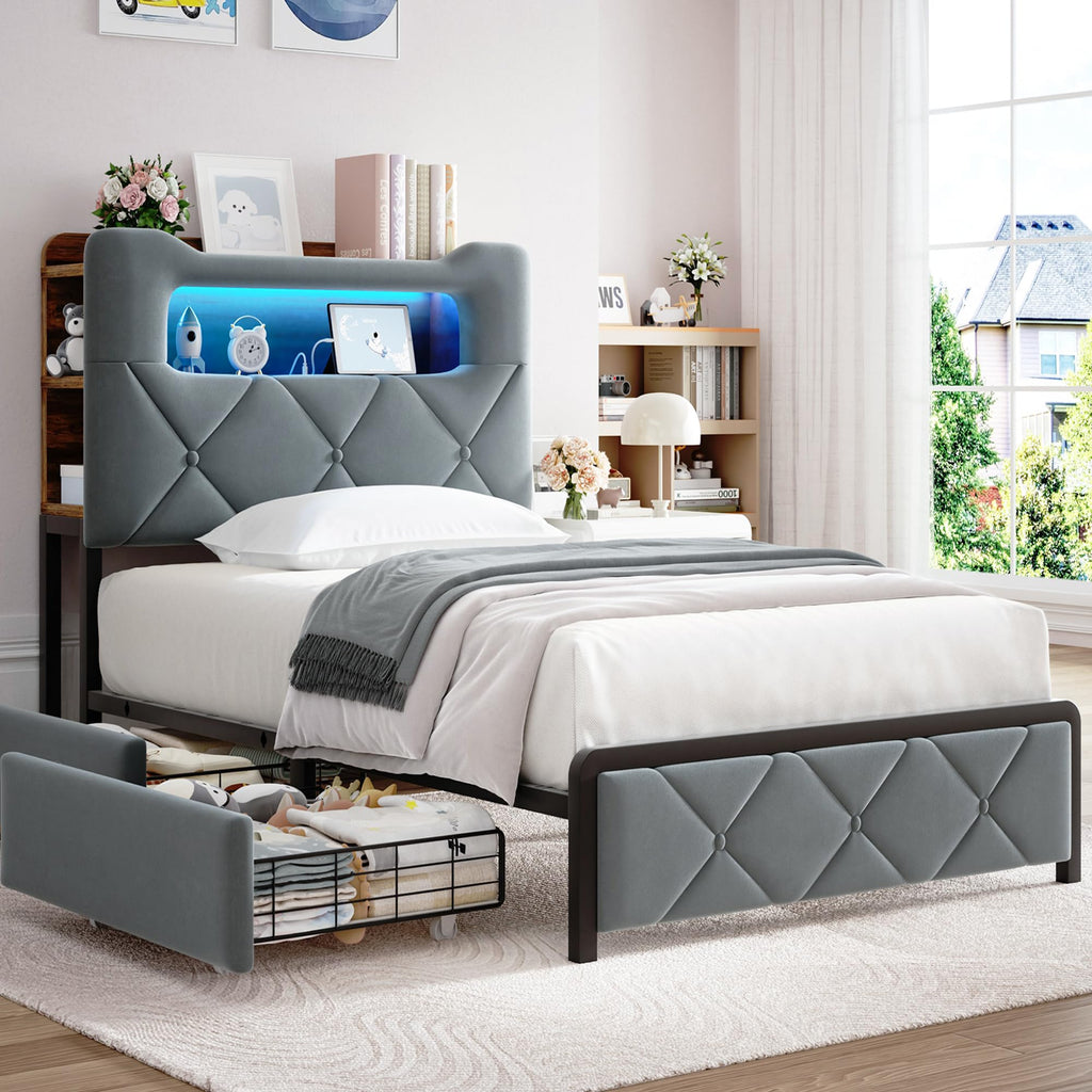 Twin Upholstered Velvet Platform Bed Frame with 2 Storage Drawers K4332