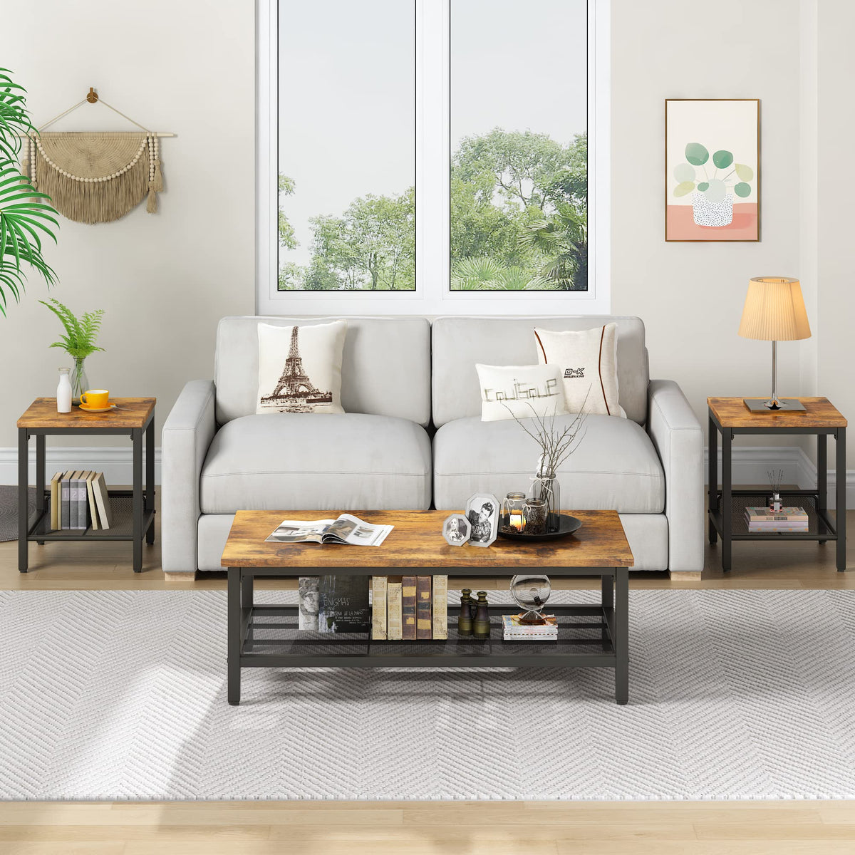 Brown Coffee Table Set of 3 with Metal Frame E21077