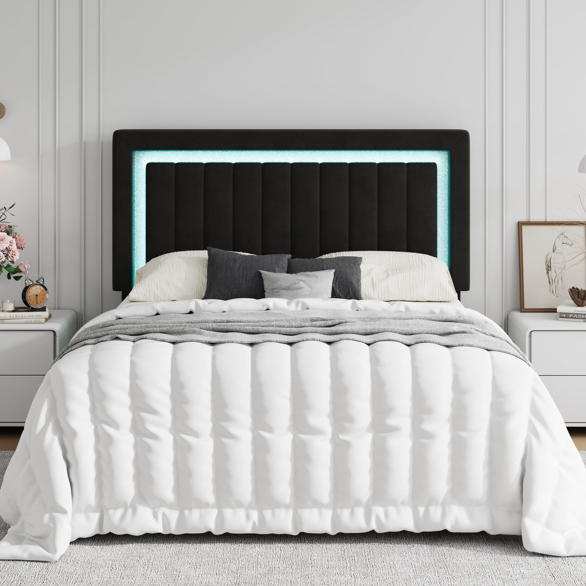 Queen Size Black Velvet Bed Frame with LED Light Z228