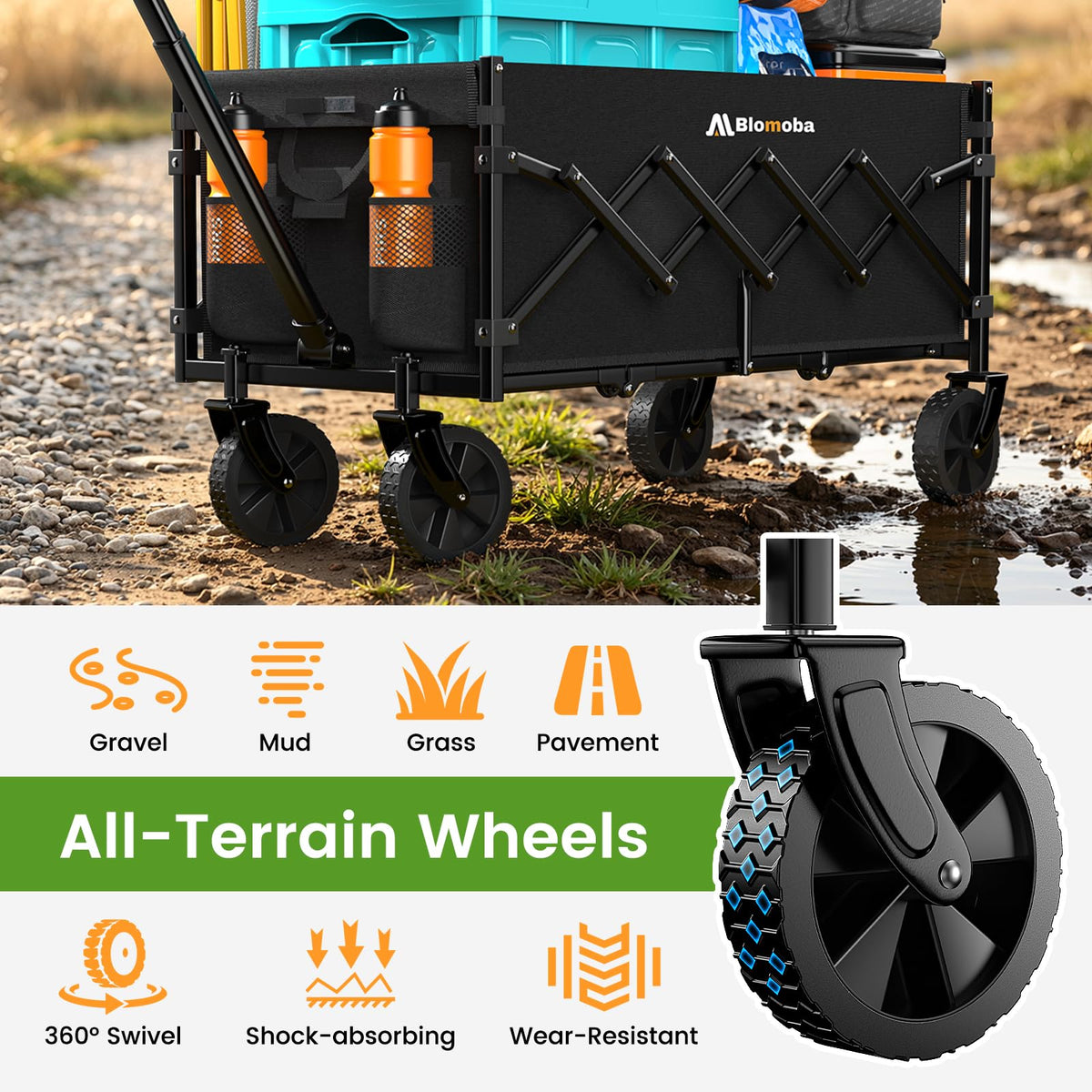 35" Extra Long Folding Wagon with Adjustable Handle & Wheels, Black D4175