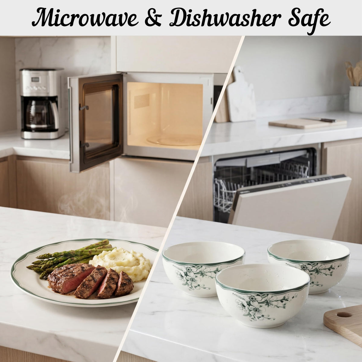 12-Piece Porcelain Dinnerware Set for 4, White & Sage Green Plates and Bowls Set S434