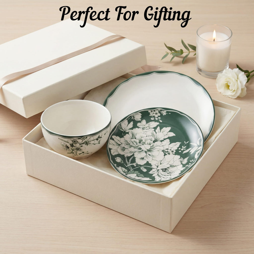 12-Piece Porcelain Dinnerware Set for 4, White & Sage Green Plates and Bowls Set S434