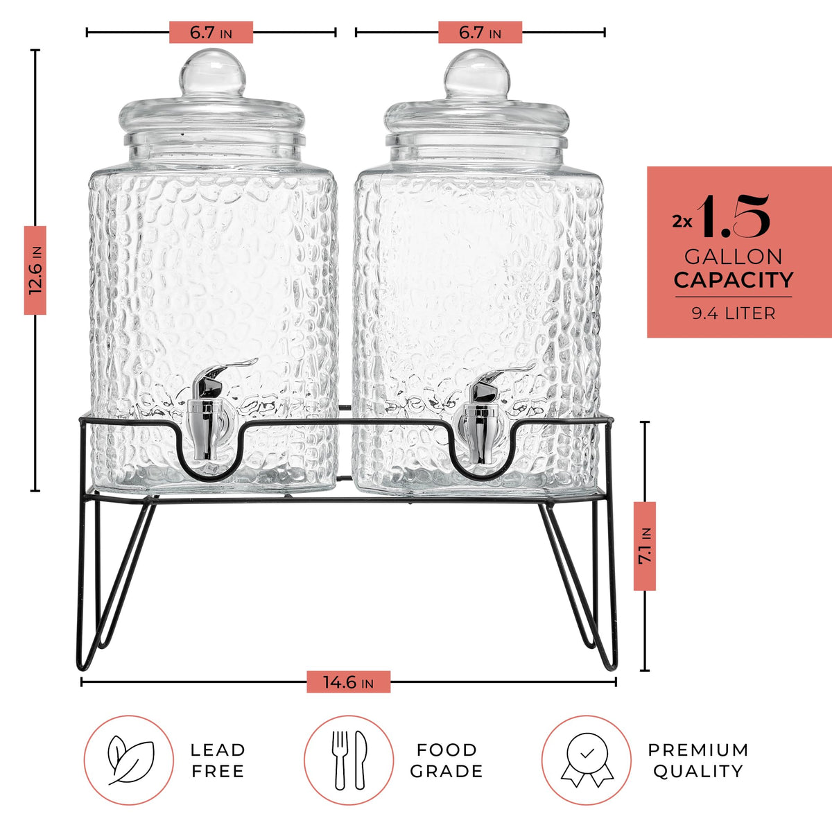 Glass Beverage Dispenser with Metal Stand Set of 2 O4226