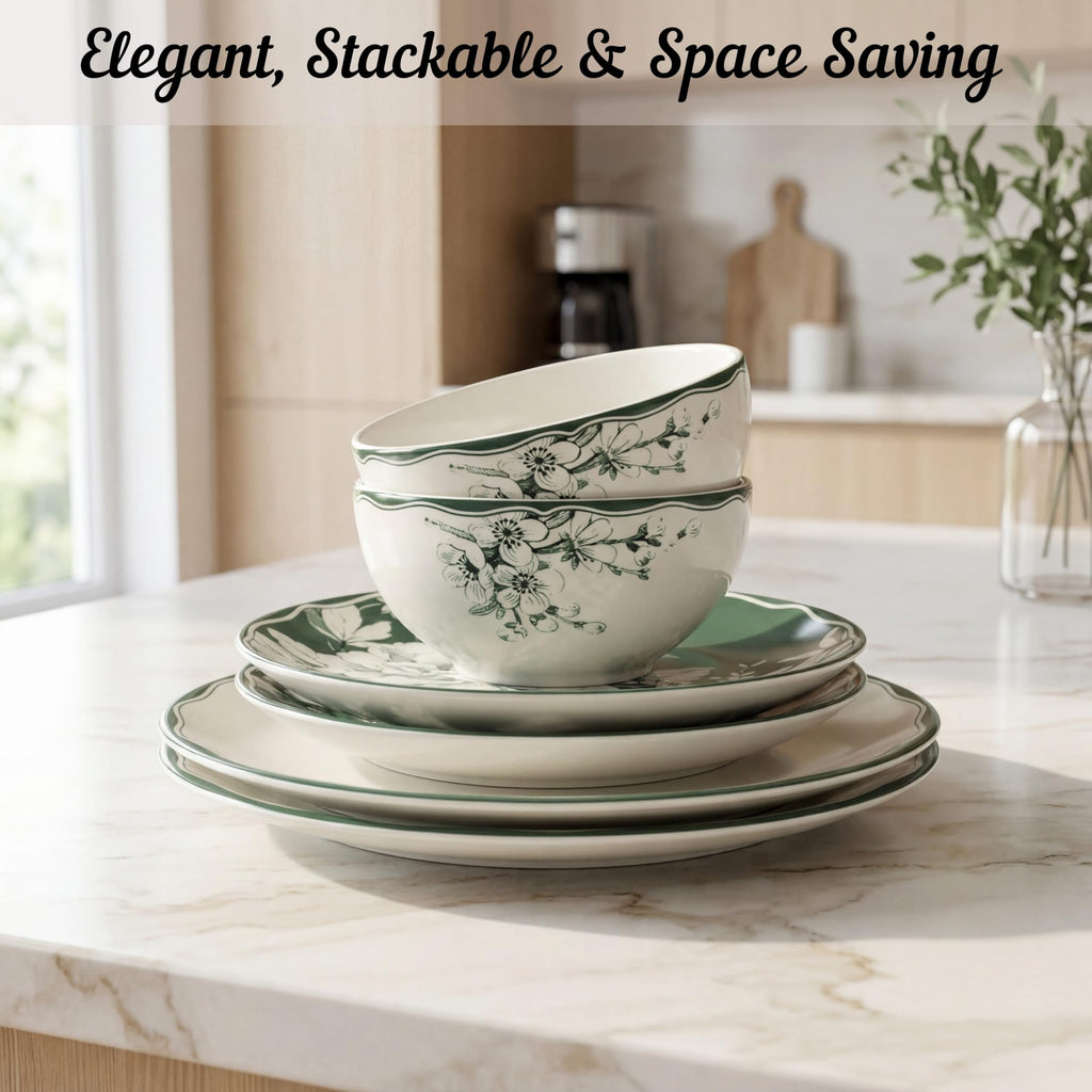 12-Piece Porcelain Dinnerware Set for 4, White & Sage Green Plates and Bowls Set S434