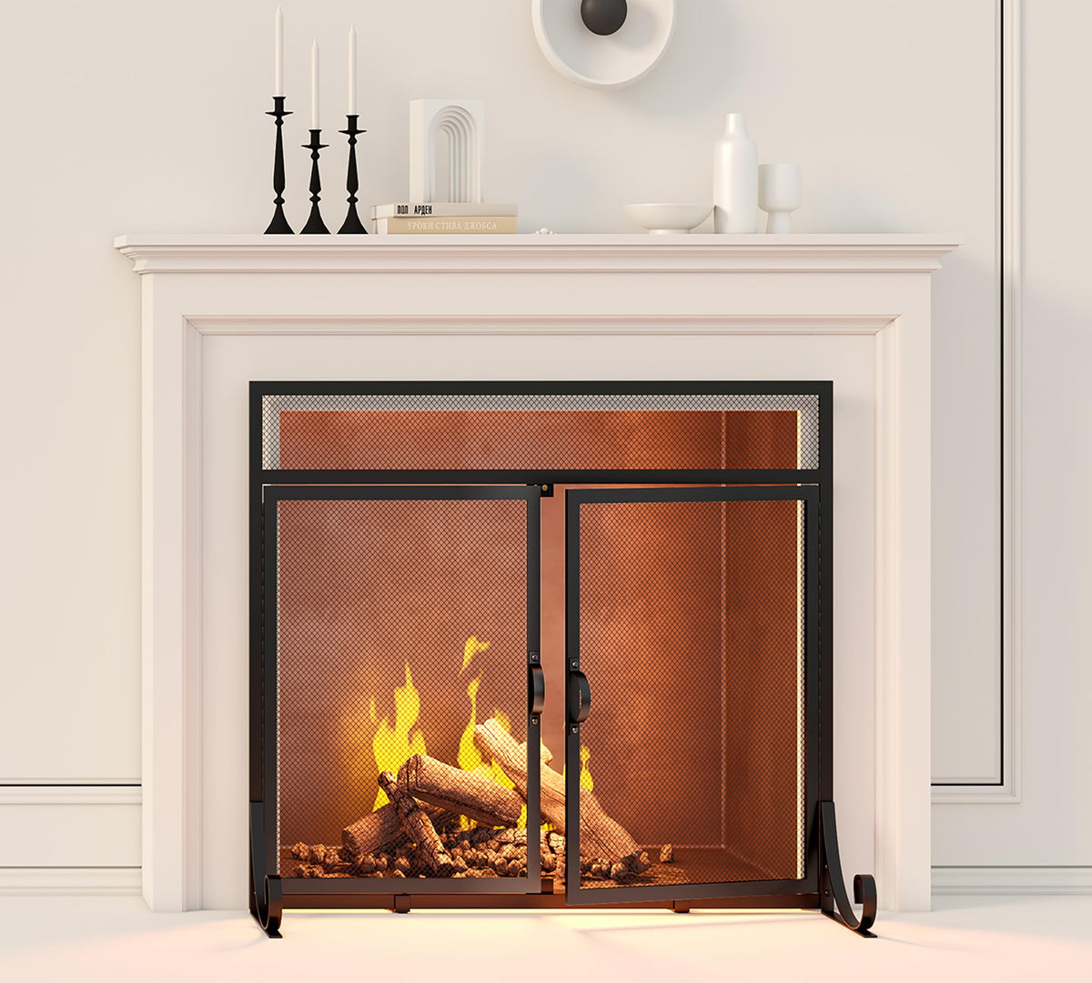 Heavy Duty Steel Mesh Fireplace Screen with Double Doors E6374