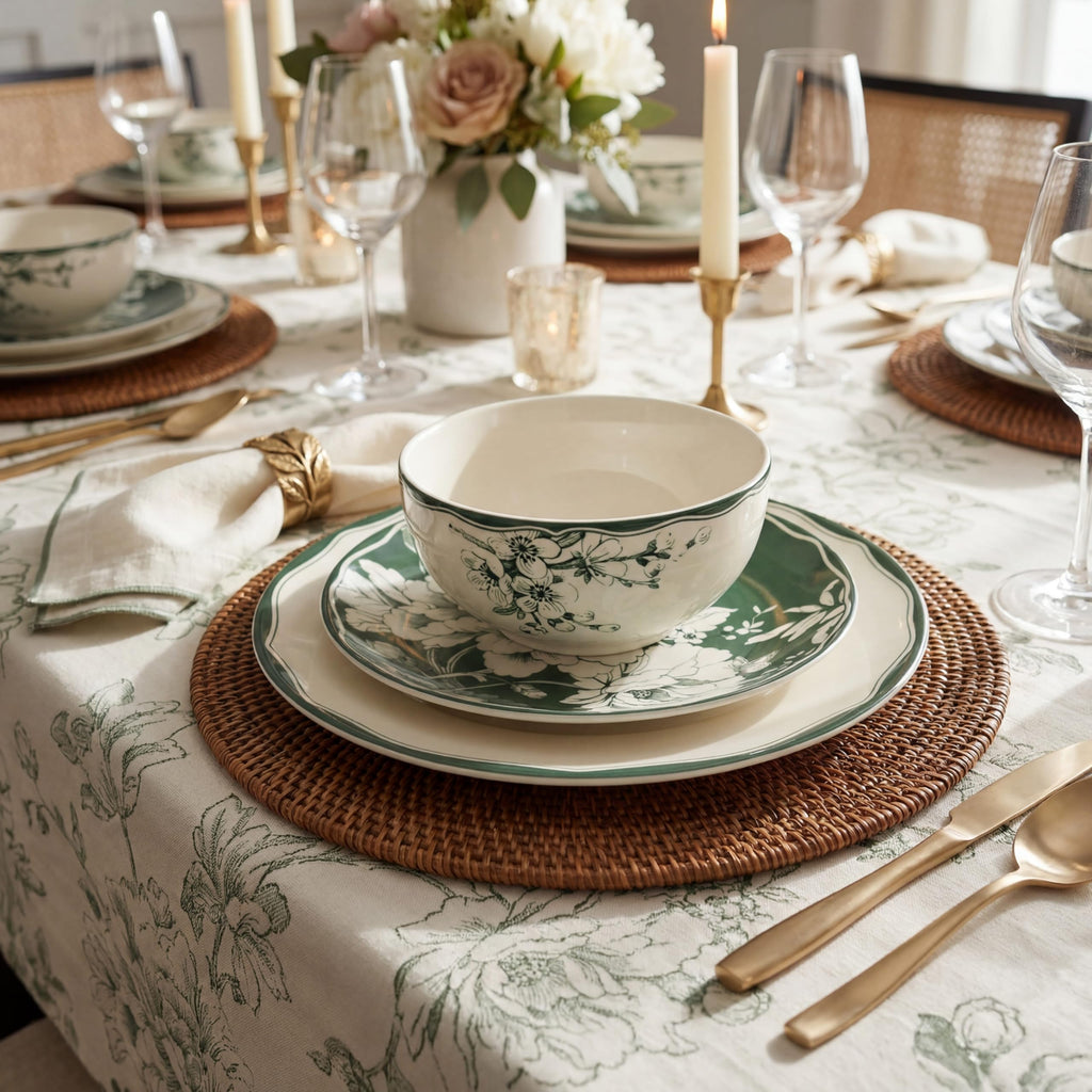 12-Piece Porcelain Dinnerware Set for 4, White & Sage Green Plates and Bowls Set S434