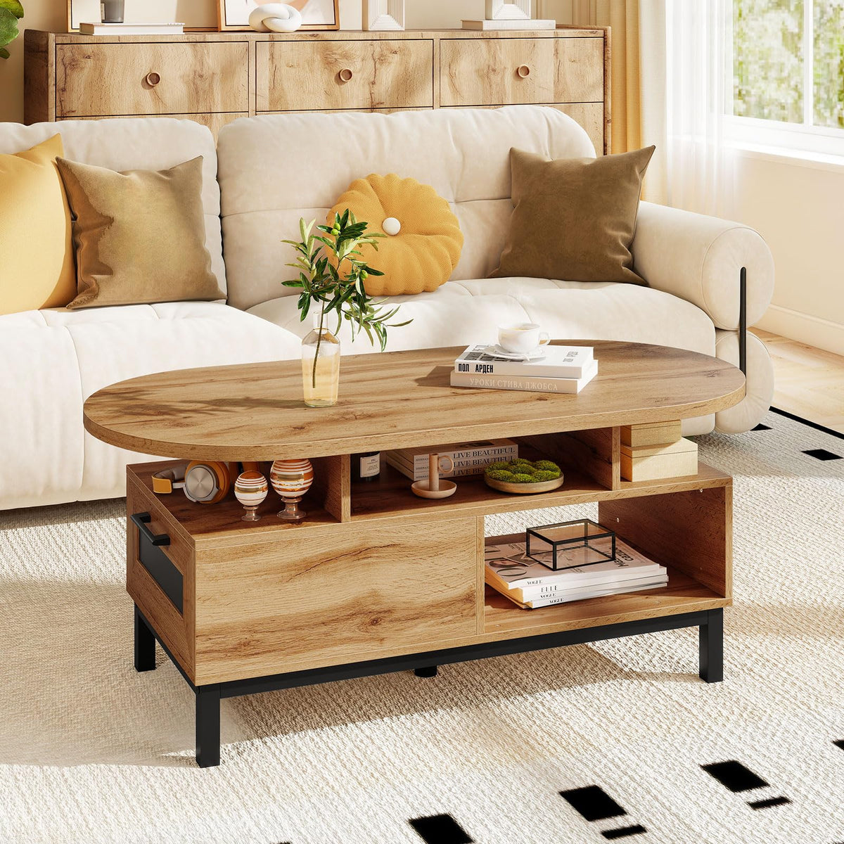 47" Oval Wood Coffee Table with Storage K462362