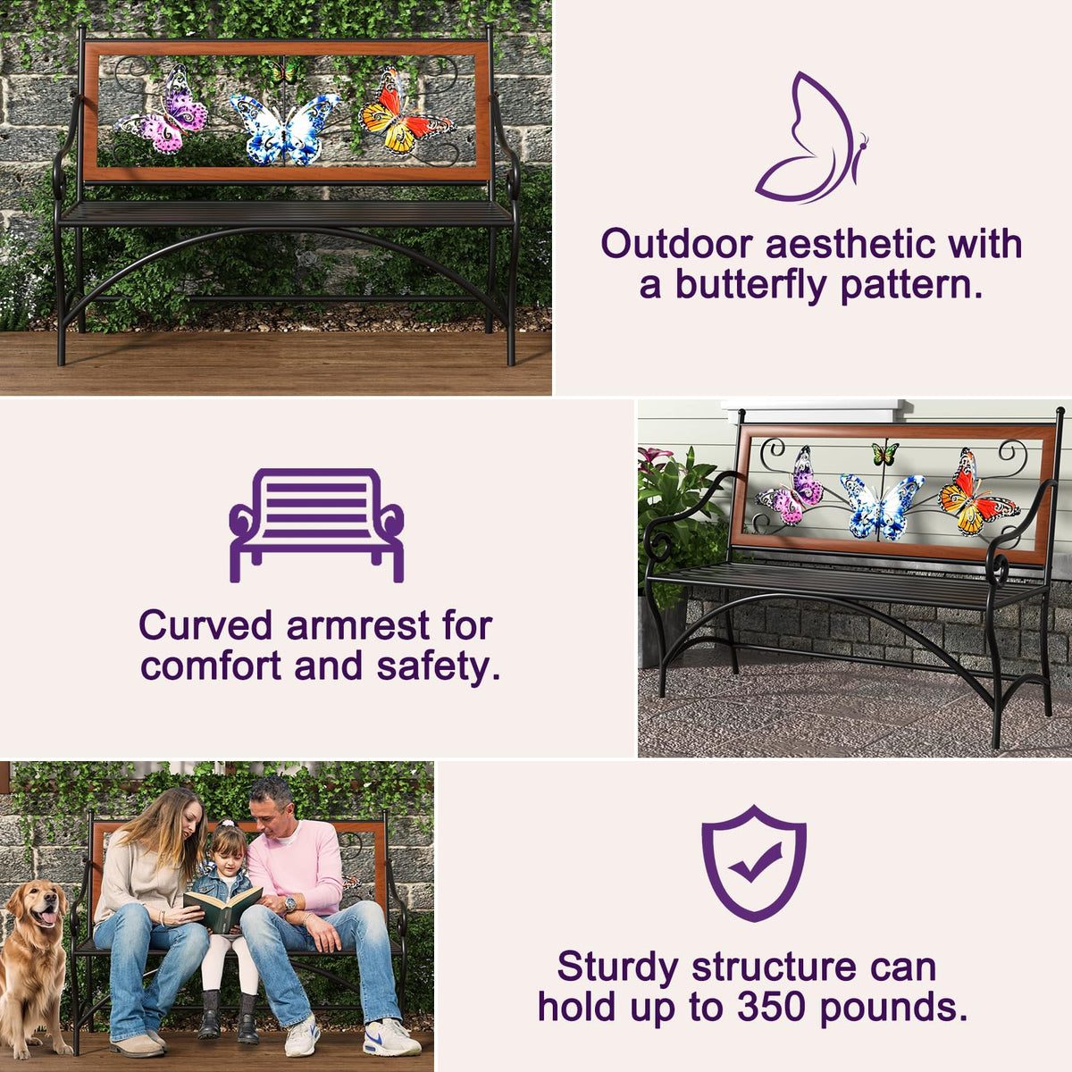39.7" Black Metal Outdoor Bench with Armrest X391
