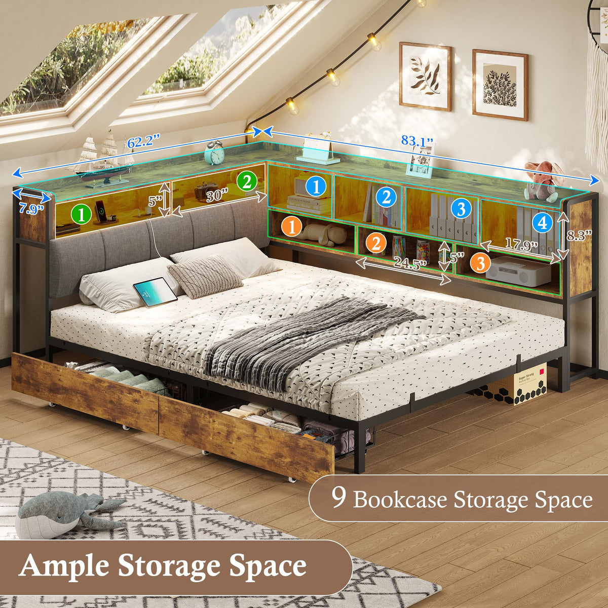 Full Size Corner Bed Frame with Storage and Drawers E787