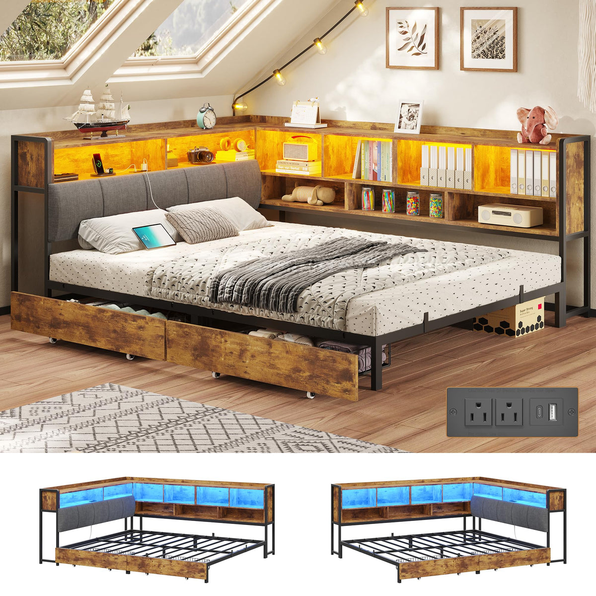 Full Size Corner Bed Frame with Storage and Drawers E787