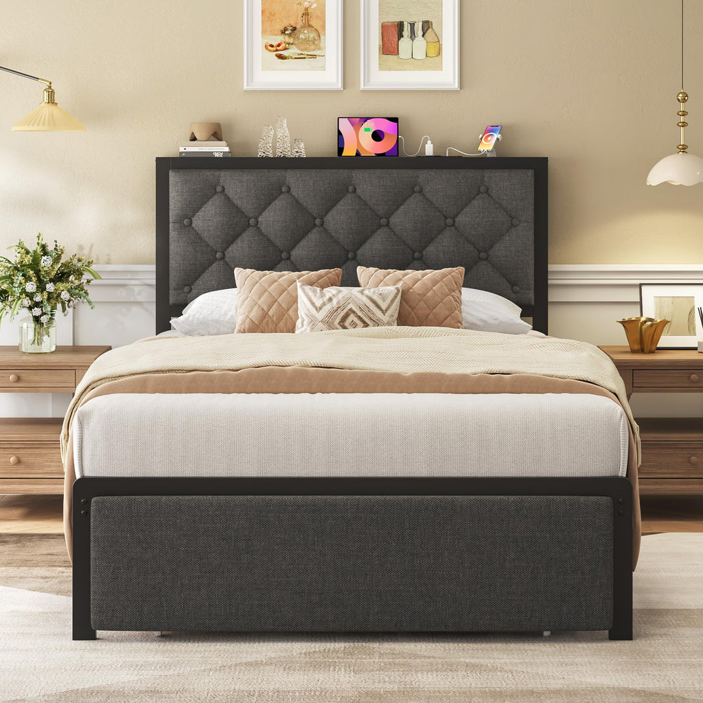Grey Twin Bed Frame with Storage Drawer G159399