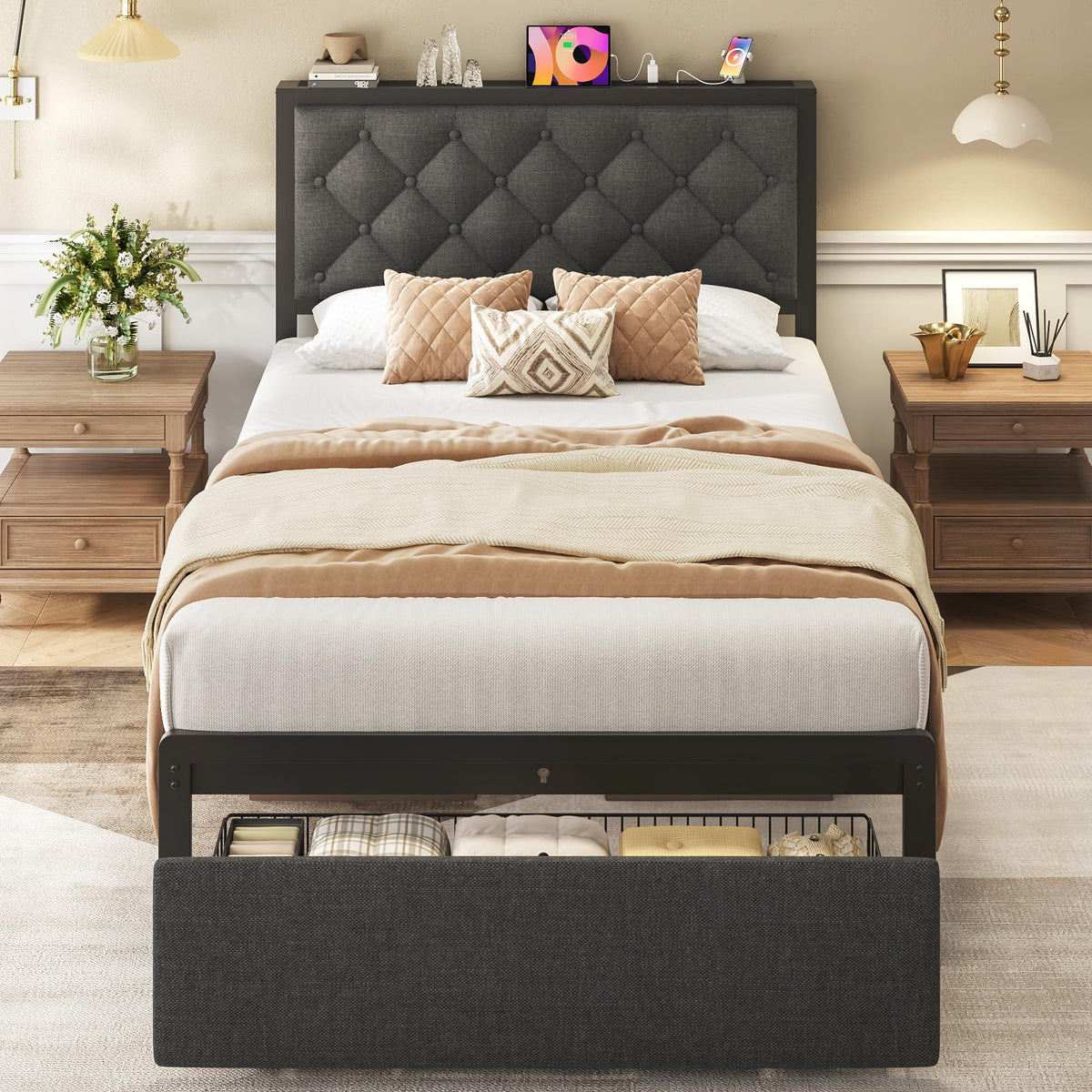 Grey Twin Bed Frame with Storage Drawer G159399