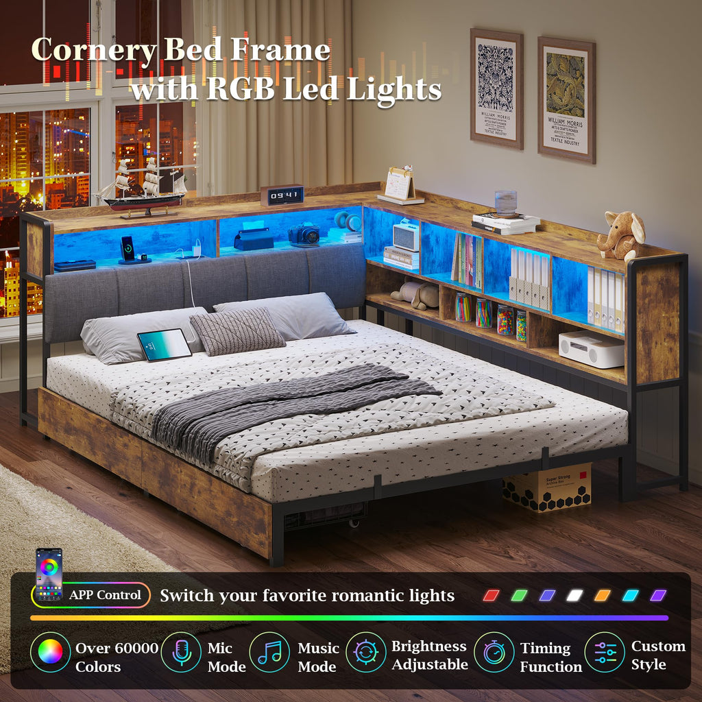 Full Size Corner Bed Frame with Storage and Drawers E787