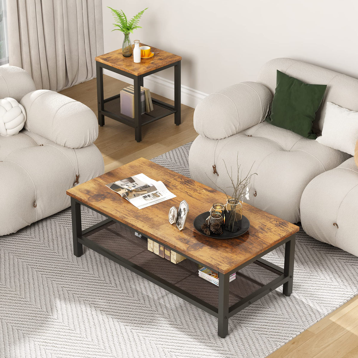 Brown Coffee Table Set of 3 with Metal Frame E21077