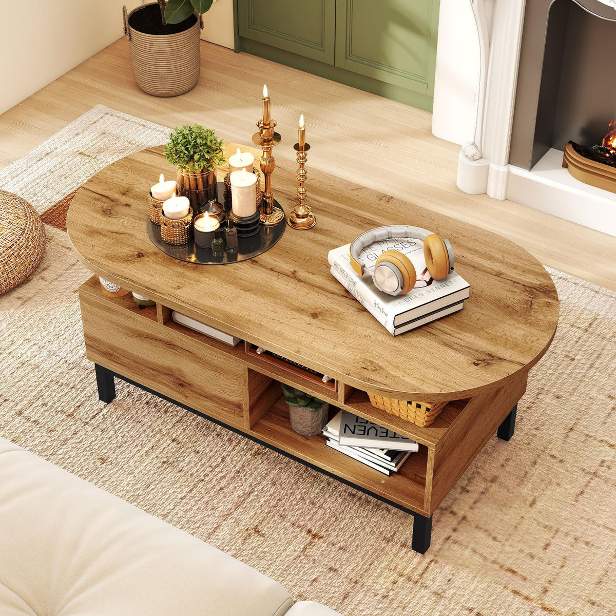 47" Oval Wood Coffee Table with Storage K462362